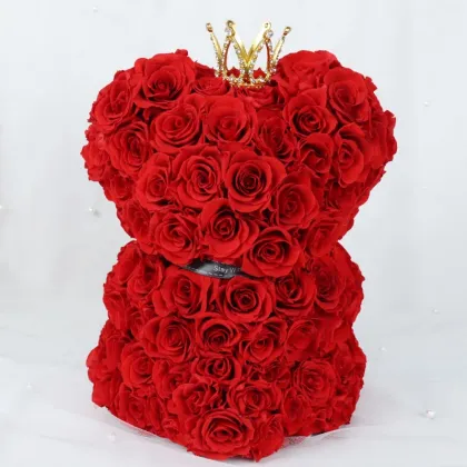 Luxurious Romantic Preserved Rose Bear with Crown - Valentine's Day Gift