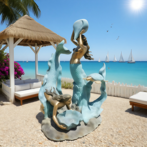Bronze Mermaid Duo and Dolphin Guardian Sculpture