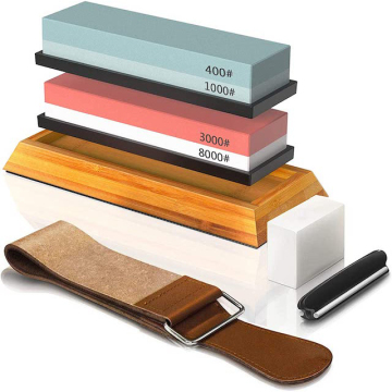 Kit di affilatura del coltello Whetstone completo: pietra appiattita, base di bambù, basi di gomma non slip, guida angolare e strop in pelle