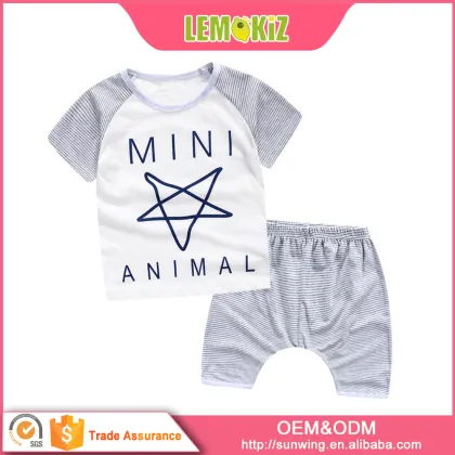 Bulk wholesale kids clothing,fashion cotton kids clothing set children favorite t-shirt and striped harem shorts