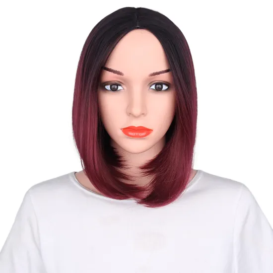 Premium vendor high quality wholesale Ombre red short straight wavy hair synthetic heat resistant wig lace front black women
