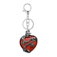 Red Jasper Heart Antique Silver Dragon Gemstone Pendant (32x42mm) Keychain