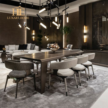 Modern Bronze Stainless Steel and Wood Dining Table with Ten Chairs