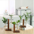 Retro Tabletop Hydroponics Flower Glass Vase Wood Holder