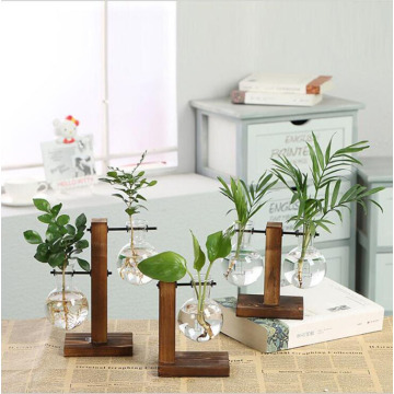 Retro Tabletop Hydroponics Flower Glass Vase Wood Holder