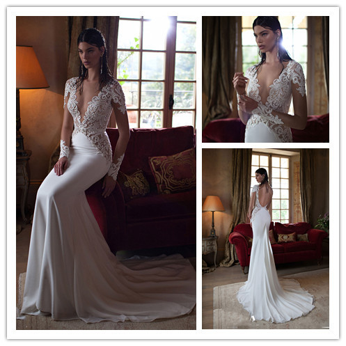 Elegant Long Sleeve Applique Mermaid Chiffon Wedding Dress (WD006)