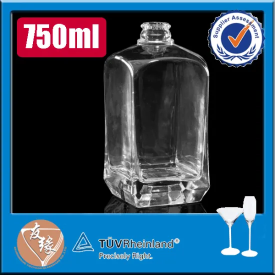 High transparent fancy square glass liquor bottle 750ml
