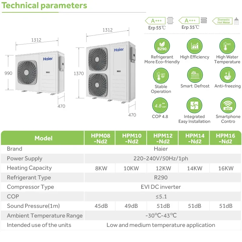 China Domestic High COP Smart WiFi 8kW-16kW R290 Full DC Inverter Heat Pump System