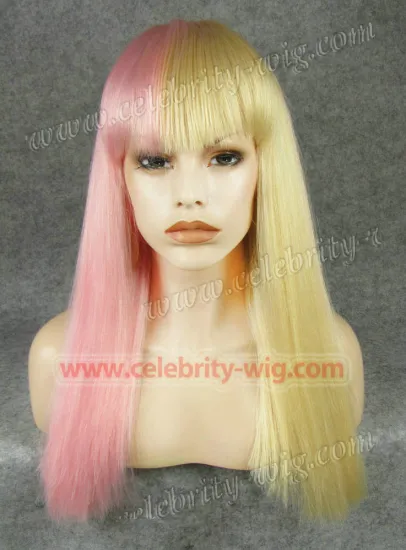 Yaki Straight Long Half Pink Half Blonde Synthetic Lace Front Wig Tyra Banks Wig
