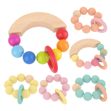 Rainbow Wooden Ring Teether - Soft Silicone Baby Teething Toy