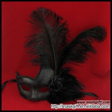 Wearable lady all black Halloween party feathers mask in solid color