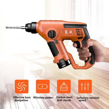 Dongcheng Electric Hammer Impact Drill Power Drill 12V 12mm 3 Functions DC Electric Rotary Hammer with BMC and 5pcs Accessories