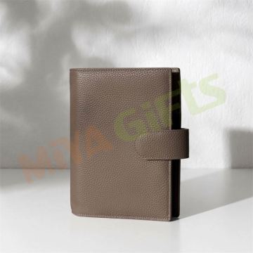 Custom Genuine Leather A6 6 Ring Binder Planner Notebook Cover - Dark Hazelnut Tan Pebble Lichi with Back Pocket