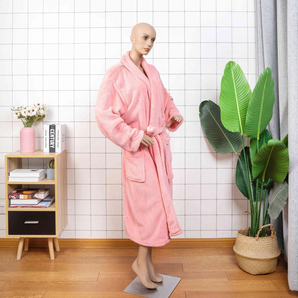 เสื้อคลุมอาบน้ำผ้าฝ้ายสีชมพูยาวสำหรับผู้หญิง