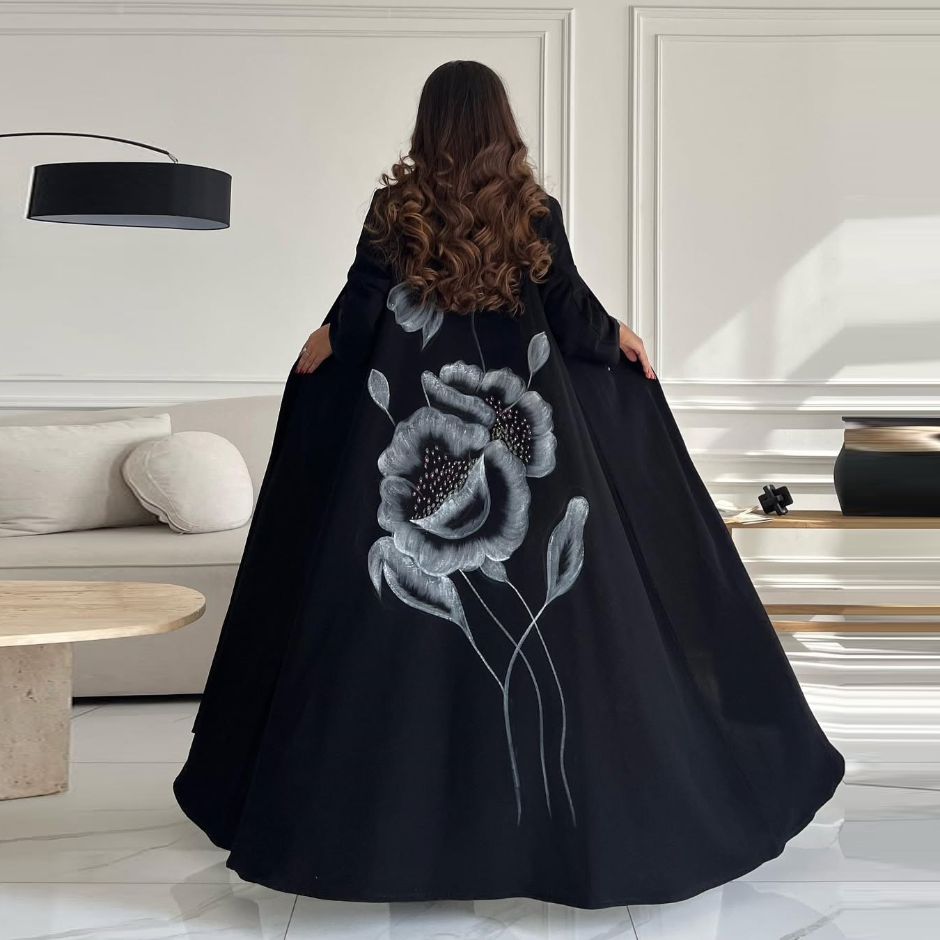 Floral Beaded Open Abaya Cardigan
