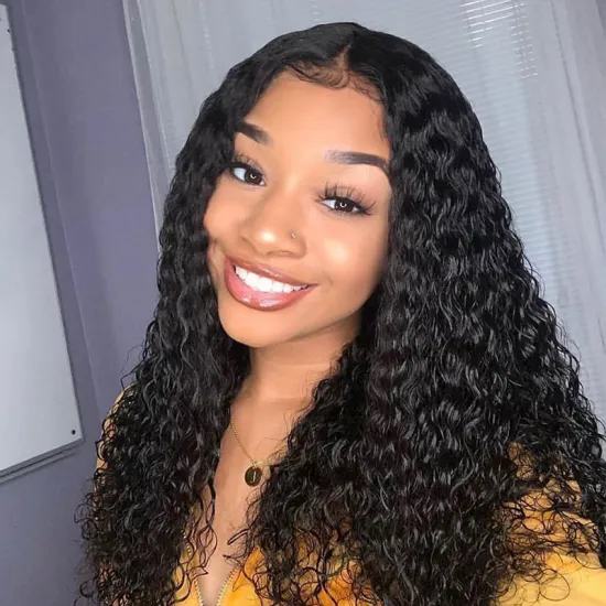 Cambodia Natural Black 150% Density Unprocessed Virgin Human Hair Water Wave 4x4 Transparent Lace Closure Wig with Baby Hair