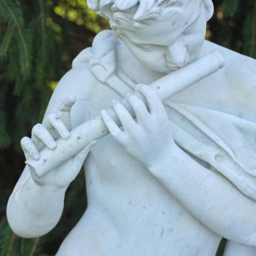 Italian Marble Faun Sculpture Flute and Lion Pelt