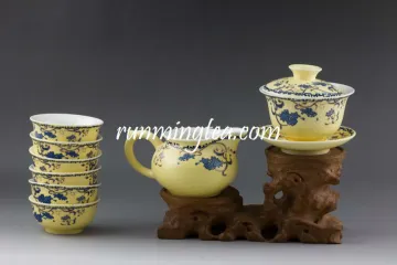 "Sowbread Flower" Yellow Glaze Porcelain Teaware Set, 1 Gaiwan, 1 Pitcher and 6 Cups