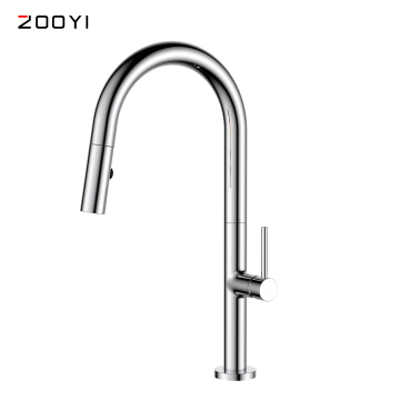 Zooyi Chrome Copper Single Handle Pull-Down Shower Head Kitchen Faucet