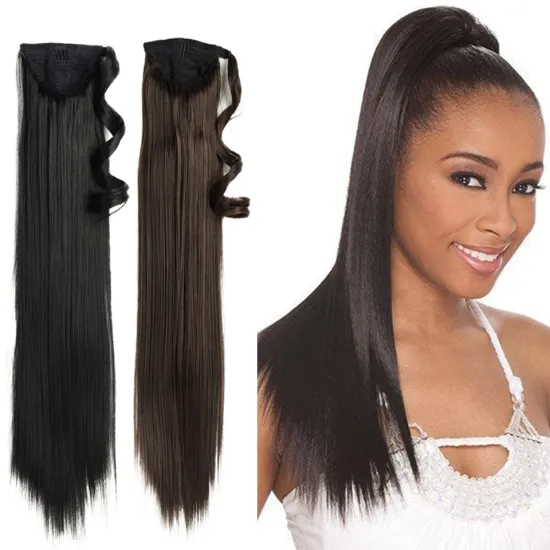 High Quality 24 inch Blonde Black Long Straight Drawstring Ponytail Hairpiece With Hairpins Hair Extensions Synthetic Ponytail