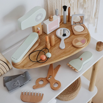 Variety of Kids' Educational and Imaginative Play Items: Hair Cutting Sets, Cosmetics, Make-Up, Children's Play Houses & Role-Playing Wooden Toys