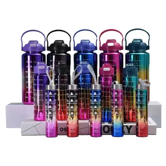 Best Selling Modern Gradient Ramp Electroplating Drink Bottles: 2000ML, 1400ML, and 500ML Plastic Water Bottles with Straws