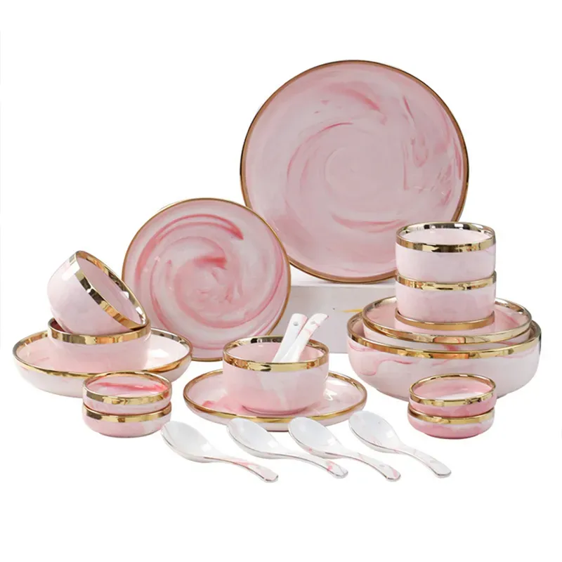 Luxury Marble Pink Glaze Ceramic Charger Plates with Gold Edge