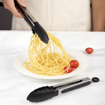 2 Pack of Premium Black Kitchen Tongs: BPA-Free Silicone, Non-Stick Stainless Steel, Locking BBQ and Grilling Food Tongs