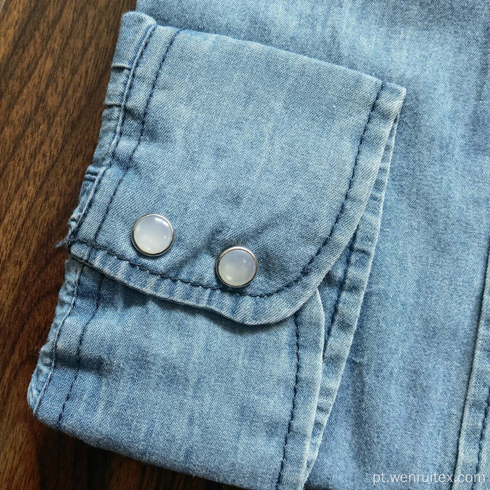 Camisa de lapela de algodão jeans tingida de manga comprida masculina