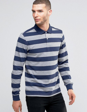 New Design Long Sleeve Button Placket Ribbed Cuffs Blue Stripe Men's 100% Cotton Breathable Pique 200g Blank Casual Polo T-Shirt