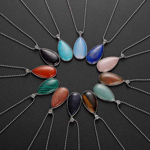 Natural Gemstone & Crystal Steel Stainess Waterdrop Pendant 47x25x8mm