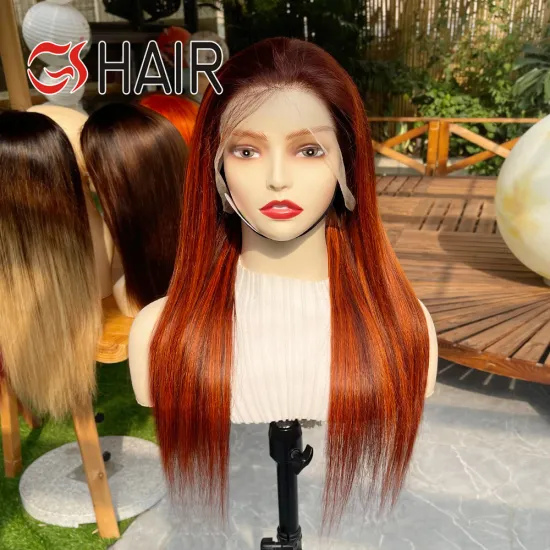 Ombre Ginger Orange Straight Brazilian Virgin Human Hair Wig with 13X4 Transparent Lace Front Closure