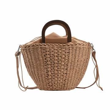 2021 wood round handgrip large volume straw bag