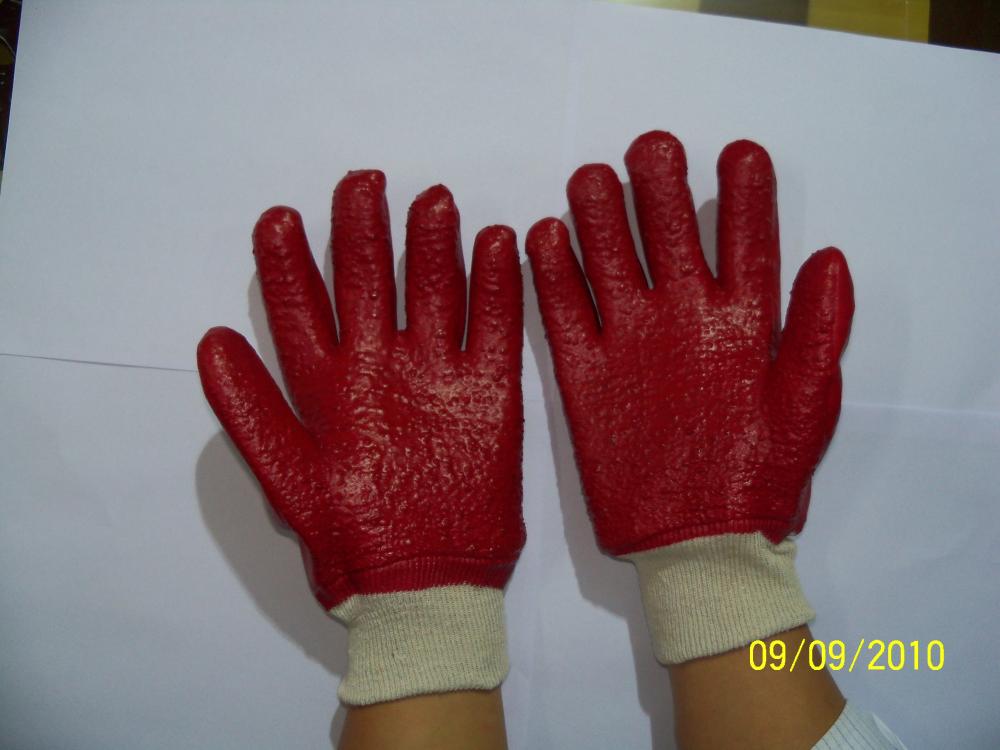 Red PVC single dipped gloves with knit wrist