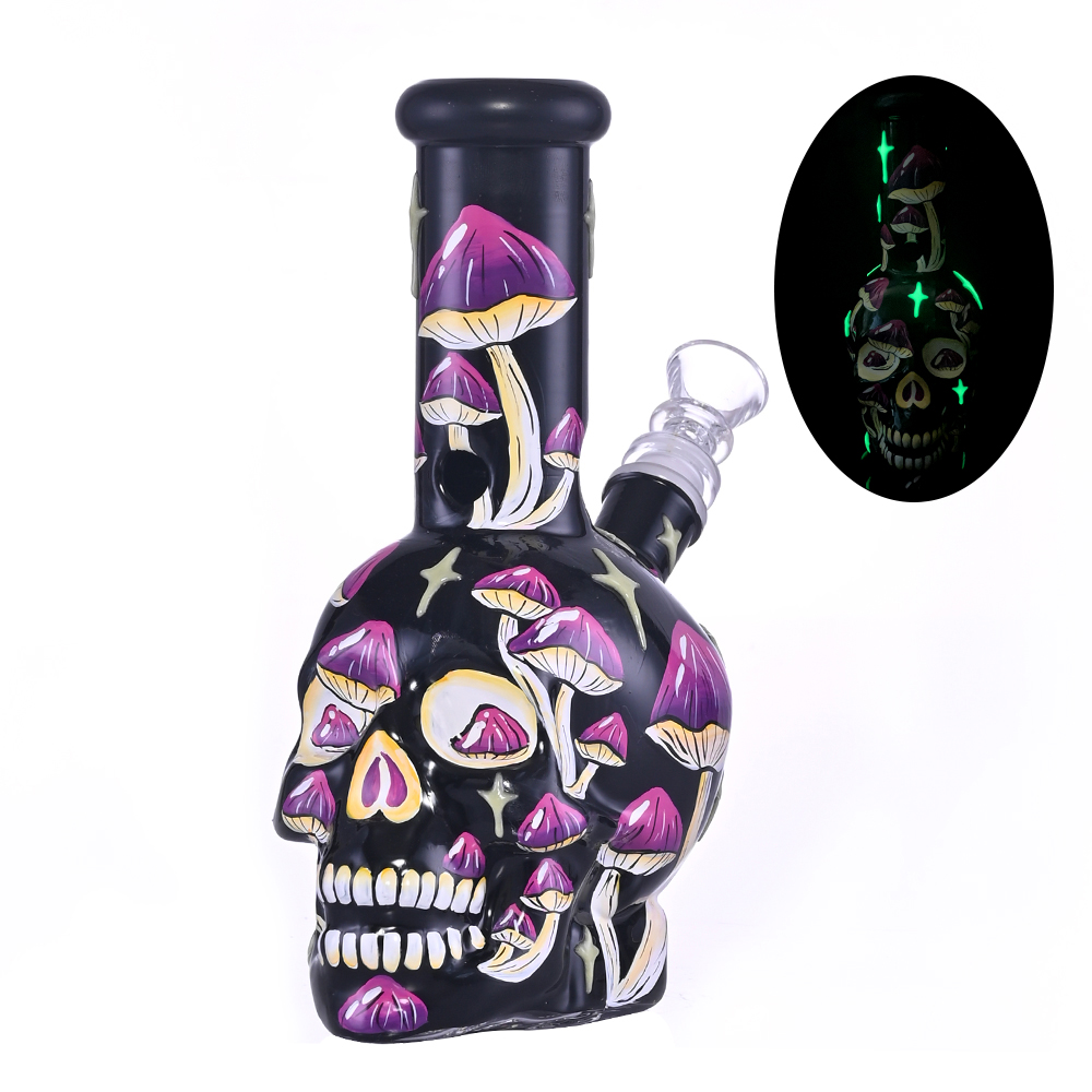 Hippiesgiesgiesgiess de 7.9 pulgadas, bong de vaso de precipitados de vidrio humano dibujado a mano, linda tubería de hongos con brillo en la oscuridad, vidrio de borosilicato