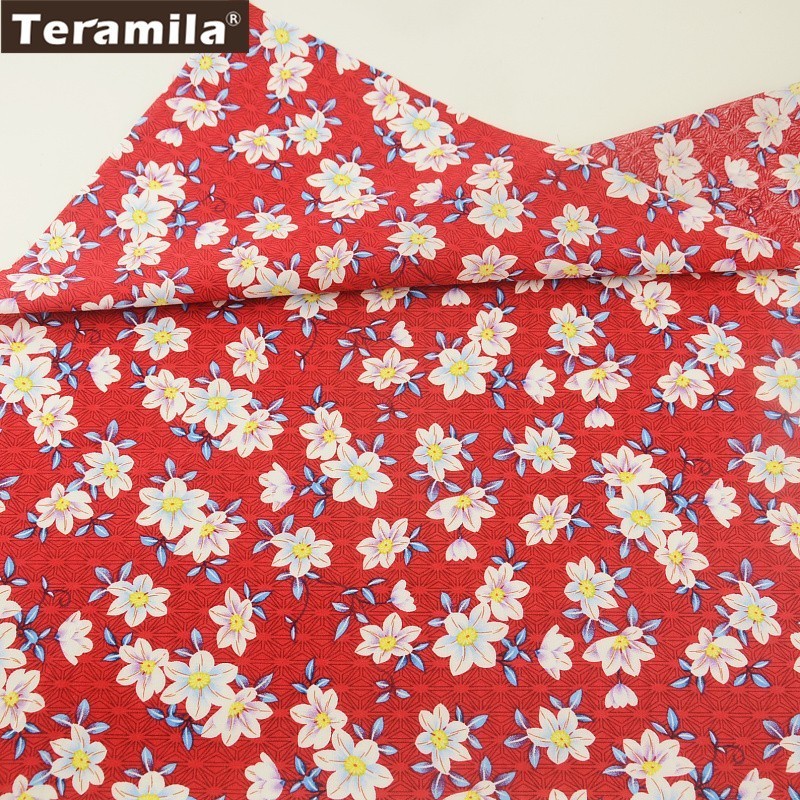 Teramila Cotton Poplin Fabric Red Fat Quarter Meter Textile Tissue Printed Lily Flowes Style Cloth Dress Shirt Quilting tecido
