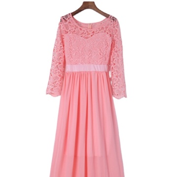 Einfarbiges, gestreiftes, bodenlanges, langes Spitzen-Chiffonkleid mit O-Ausschnitt, lässige Damen