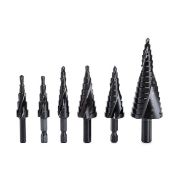 Grosir 4241 HSS Spiral Flute Step Step Drill Bits: Ukuran 4-12, 4-20, dan 4-32mm dengan hex shank untuk aplikasi reaming