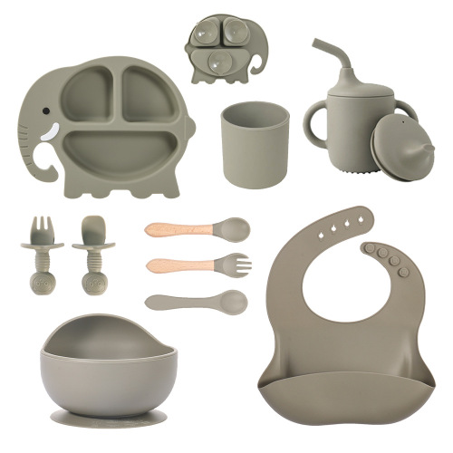 Силиконски сет за хранење на плоча за вшмукување слон за мали деца