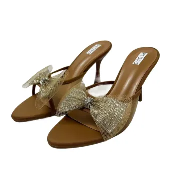 2024 Summer Women's and Ladies' Large Size 43 High Heel Slippers with Bow, Diamond Decorations, Open Toe, and Thin Heels in Brown Color