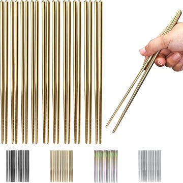 10 Pairs Reusable Chopsticks, Titanium Gold Plating Stainless Steel Metal Chop Sticks