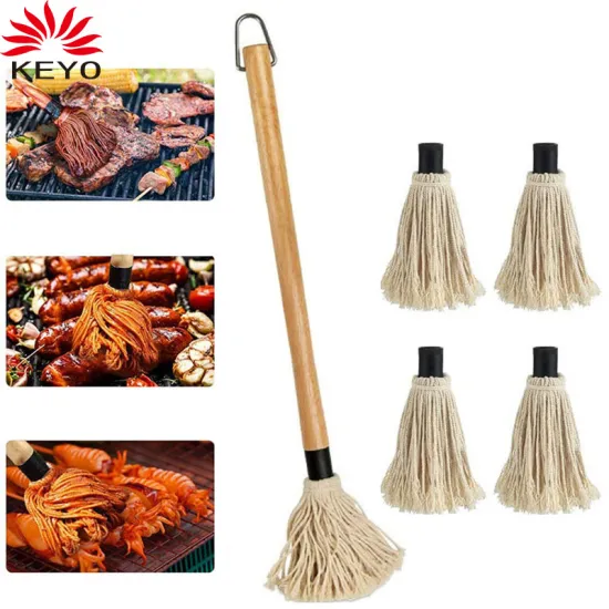 18 Inch Grill Basting Mops wood Handle 4 Extra Replacement Cotton HeadsOutdoor BBQ Tools Basting Brush Oil Brush