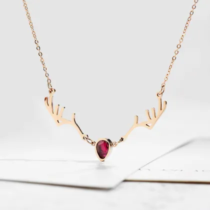 New Style Ruby Crystal Rose Gold Antler Necklace