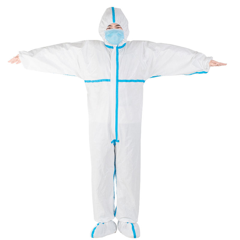 Medical protective jumpsuit with blue tape