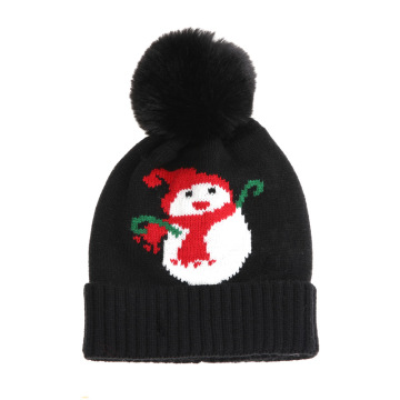 Unisex Knitted Christmas Snowman Hat with Pompom Cuffed Beanie