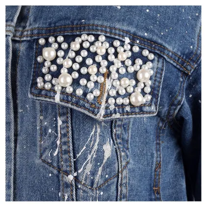 Women Pearl Beaded Denim Jacket Long Sleeve