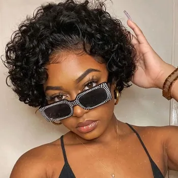 Short Bob Wig Curly Pixie Cut Wig Human Hair Lace Front Deep Wave 180% Density Wigs Pre Plucked With Baby Hair For Black Women