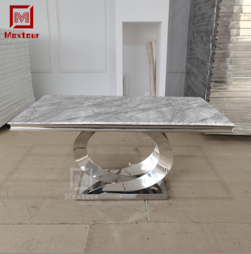 Silver Stainless Steel Base and Marble Top Dining Table Set with 6 Chairs