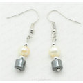 Freshwater pearl hematite drum beads earring