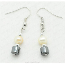 Freshwater pearl hematite drum beads earring